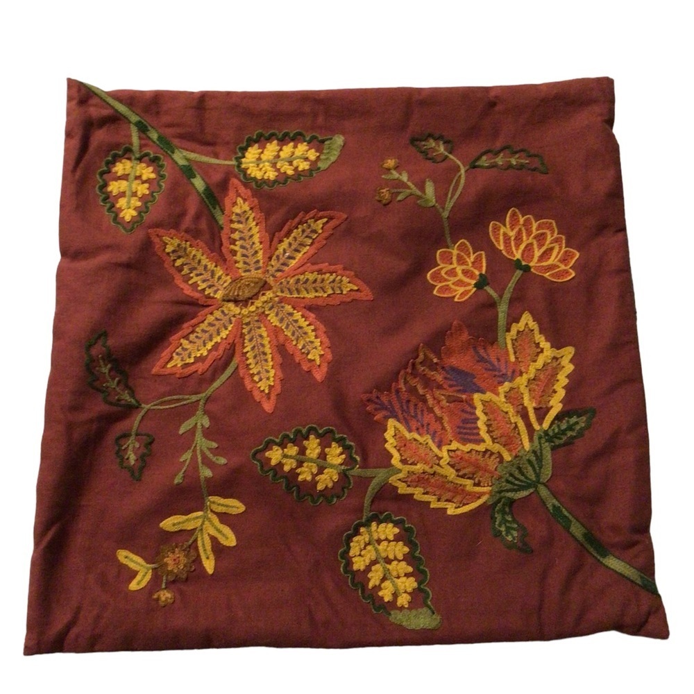 Noble Excellence Pillow Cover Embroidered Floral Rust Red 18X18 Boho Cottage